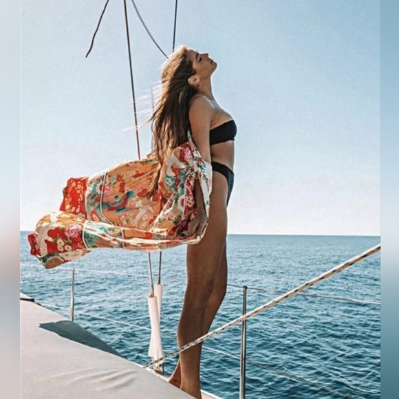 NEW Boho Retro Floral Kimono Gypsy Robe Duster Sheer Chiffon  Red Peach Teal - Picture 5 of 11